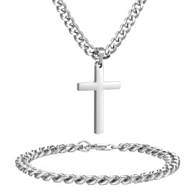 NORBU Stainless Steel Cross Necklace and Bracelet Set for Men, Cuban Link Chains 20" Length, Bracelet 8" Length, No Tarnish & Durable Mens Religious Gift
