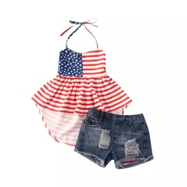 KIDLAGA Toddler Kids Girl 4th of July Outfit American Flag Halter Top Girls Ripped Jeans Denim Shorts Baby Girl Summer Clothes(3-4T)