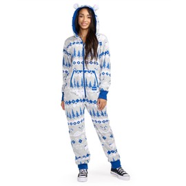 Tipsy Elves Christmas Onesies for Adults - Comfy Unisex Matching Holiday Jumpsuits with Convenient Pockets - Grey Bear The Winter Christmas Jumpsuit Size Small