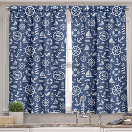 Ambesonne Sailboat Valance & Tier Curtain 3 pcs Set, Diagonal Hatched Nautical Elements Ship's Wheel Anchor and Marine Animals, Window Treatments for Kitchen Room Decor, 55" x 36", Blue and White