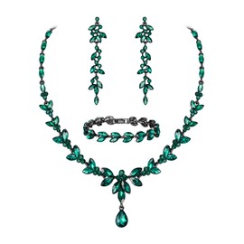 Ever Faith Austrian Crystal Bridal Bridesmaid Jewelry Sets, Costume Marquise Rhinestone Leaf Necklace Dangle Earrings Tennis Bracelet Set Green Black-Tone