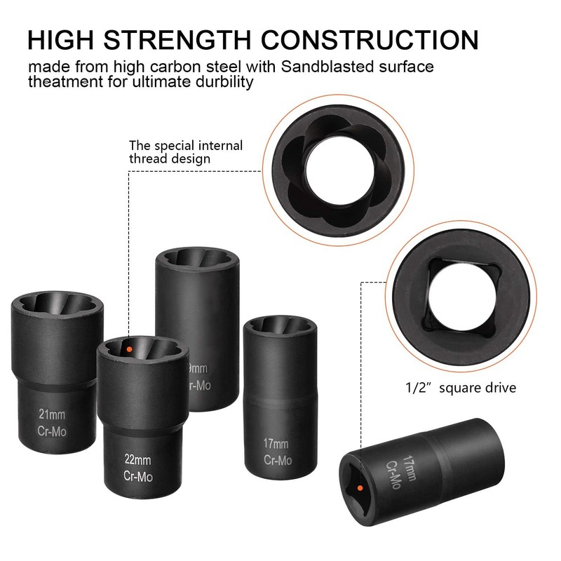 TA-VIGOR 5Pcs Lug Nut Socket Set, Stripped Wheel Nut Removal