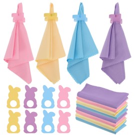 16 Pcs Easter Napkin Rings and Easter Napkins Cloth -Wood Rabbit Bunny Napkin Rings Holders Set Pastel Cloth Napkins for Easter Spring Holiday Dinning Table Dinner Decoration