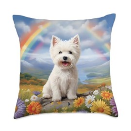 Westie Gifts by J Westie Rainbow Bridge Cute West Highland Terrier Dog Art Throw Pillow, 18x18, Multicolor