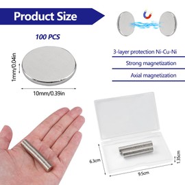 Pack of 100 Neodymium Magnets Round, 10 mm x 1 mm Thick Magnets Flat, Tolerance-Free Design, with Transparent Plastic Storage Box, for Magnetic Board, Fridge