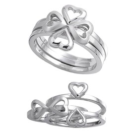 925 Sterling Silver Two-Piece Stackable Four Leaf Clover Heart Ring Size 8