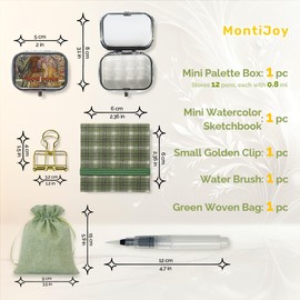 MontiJoy Mini Travel Watercolour Palette Set 12Wells Small Empty Portable Water Color Painting Tin Kit with Lid, 6x6 cm Pocket Watercolor Sketchbook 20 Sheets, 140lb, Refillable Brush Pen