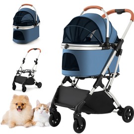Pet Carrier Stroller 4 Wheels - Easy-Fold Dog Cat Stroller for Small Medium Dog Cats Carrier, Travel Folding Carrier Breathable and Visible Mesh with Cup Holder（Blue）