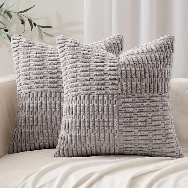 MIULEE Light Grey Corduroy Pillow Covers Pack of 2 Boho