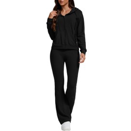 ZFLM Casual Workout Two Piece Outfits for Women Zip Up Hoodies High Waist Foldover Flare Pants Tracksuit Sets Streetwear