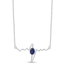 7MM x 5MM Oval Cut Simulated Blue Sapphire And Round Cut White Natural Diamond Accent Heartbeat Pendant Necklace In 14k White Gold Plated 925 Sterling Silver With 18" Chain