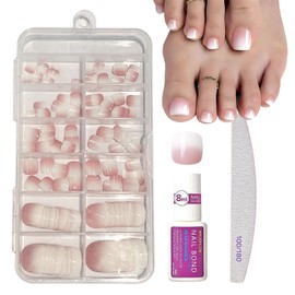False Toenails Kit - 120 pcs Fake Toe Nails Set - Gradient Pink French False Toe nails - Short Square Stick on Toenails - Acrylic French Tip Toe nails - Full Cover Toe nail Tips for Big Small Toe