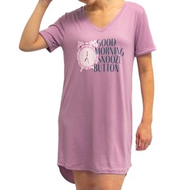 Hello Mello V-Neck Women’s Soft Lightweight Pajama Shirt - Good Morning, Snooze Button, Small/Medium Purple