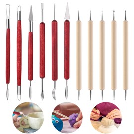 JJUNW 11PCS Clay Sculpting Tools, Double-Ended Stainless Steel Polymer Clay Tools, Wooden Handle Pottery Tools for Embossing, Carving Tools and Supplies
