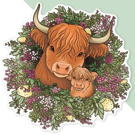 Extra Large 460mm 'Highland Cow Mother & Baby' Permanent Sticker Decal for Cars/Windows/Bins/Walls (DW00118123)