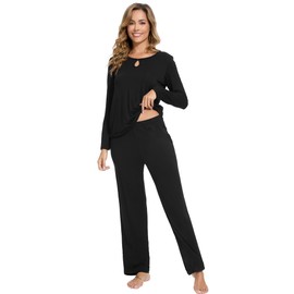 GYS Bamboo Viscose Pajamas Set for Women Crew Neck Long Sleeve Sleepwear Soft Loungewear Set, Black, Large