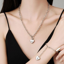 LXBQYSTO Women's 3 Pieces Heart Name Necklace, Bracelet, Earrings, Jewelry Set Stainless Steel A-Z letters Jewelry Suits, A, Stainless Steel, No Gemstone, Silver