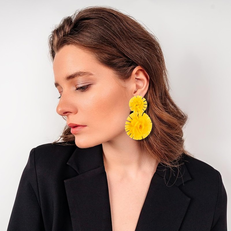 Raffia Flower Earrings Trendy Hot Pink Flower Drop Dangle Earrings