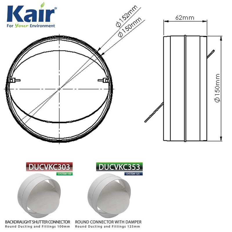 Kair Connector with Backdraught Shutter 150mm - 6 inch Non-Return