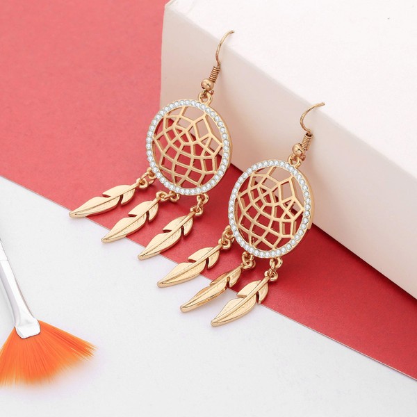 Dream Cather Dangle Earring for Women,Gold Shiny Alloy Sparking Crystal