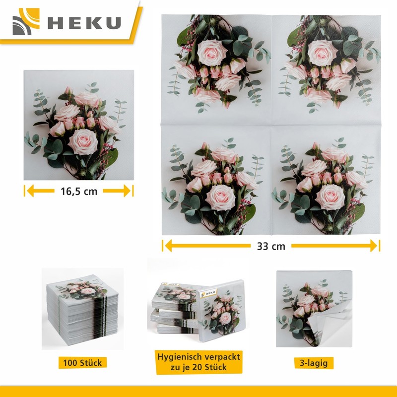 HEKU 100 napkins, 3-ply, 33 x 33 cm, rose bouquet,