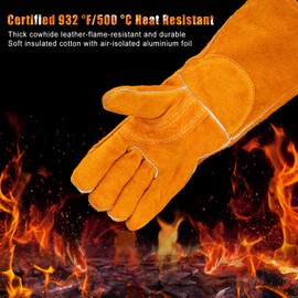 nutmanel Leather BBQ Gloves, Welding Gloves Heat Resistant Gloves, BBQ Gloves Fireplace Gloves Fire Heat Resistant with Kevlar Stitching, for Fireplace, BBQ, Stove, Oven, Grill, Gardening(40cm)