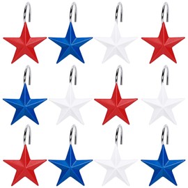 Whaline 12Pcs Patriotic Stars Shower Curtain Hooks 4th of July Independence Day Decorative Shower Rod Rings Resin Curtain Hanger Hooks for Living Room Bedroom Bathroom Decor