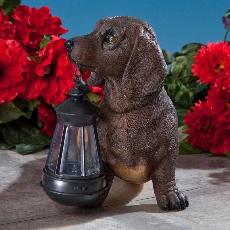 ATCS Realistic Dachshund Dog Puppy Garden Sculpture Holding Solar LED