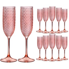 ZOMUIA 12 Pack Plastic Champagne Glasses Unbreakable Champagne Flute Acrylic Wedding Toasting Crystal Goblets Reusable Diamond Wine Glasses for Wedding Anniversary Birthday Party, Pink 5.5 oz