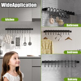 FOYOTO Kitchen Rail with 10 Hooks, 17 Inches Wall Mounted Hanging Utensil Rack Kitchen Organizer Hanger for Pots, Pans and Utensils -Black