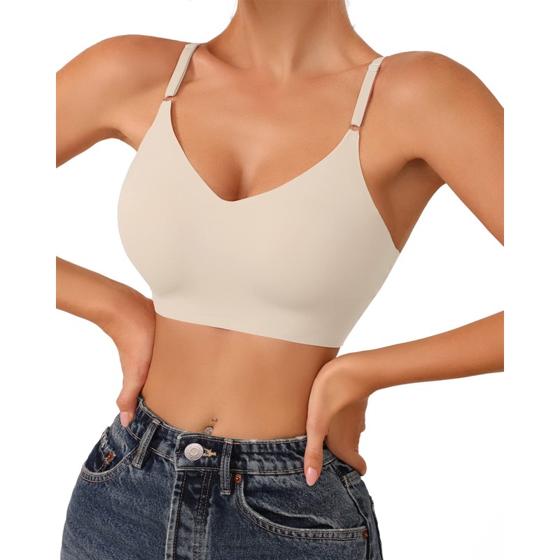 DEANGELMON V Neck Bralettes Padded Seamless Adjustable Straps Bra Everyday