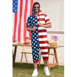 Men's Patriotic Star-Print Coverall Fashionable Memorial Zip-Up Costume with Pocket 4th of July Patchwork Onesie XL
