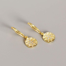 Hammered Disc Star Small Dangle Hoop Earrings for Women Girls Sterling Silver with Charms CZ Cartilage Huggie Hoops Drop Cuff Clip Punk Baroque Dainty Fashoin Jewelry Gifts Best Friend (Gold)