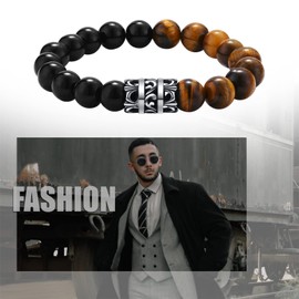 Flongo Men's Bracelet Rosary with Skull Pendant Bead Bracelet Tiger's Eye Stone with Stainless Steel 8 mm / 10 mm Men's Bracelet Yellow Black, Stainless Steel