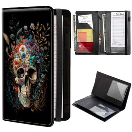Skull Flower Aesthetic Server Books for Waitress, PU Leather Waitress Book Server Wallet with Elastic Bandage Closure, Organizer with Zipper Pocket 11 Money Pocket Fit Server Apron