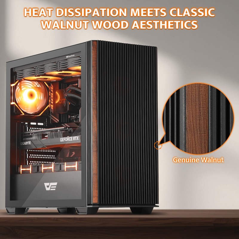 darkFlash DS900WS(2025) ATX PC Case, Genuine Walnut Wood, High Airflow,