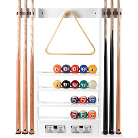HMQQ 2-IN-1 Pool Cue Rack Wall Mount & Score Counters,Holds 6 Pool Sticks,a Full Set of Balls and Billairds Accessory, 100% Solid Rubber Wood Pool Stick Holder Wall Mount,White