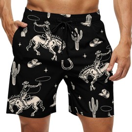 JOJOART Western Cowboy Boho Cactus Men's Board Shorts Swim Trunks Beach Athletic Short Pants Swimwear Pocket XL