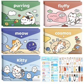 Cute Cat File Folders, 10 PCS Plastic Folders for Document, A4 Size Plastic Envelopes with Snap Closure, File Folders Document Folders File Bags Name Tags Sticker Cat Bookmark for School Office