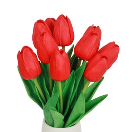 VaryFloral 10Pcs Red Fake Tulips Realistic Artificial Flowers for Home Decor PU Faux Tulips Red Fake Flowers with Stem Real Touch Spring Bouquet for Wedding Party Decoration