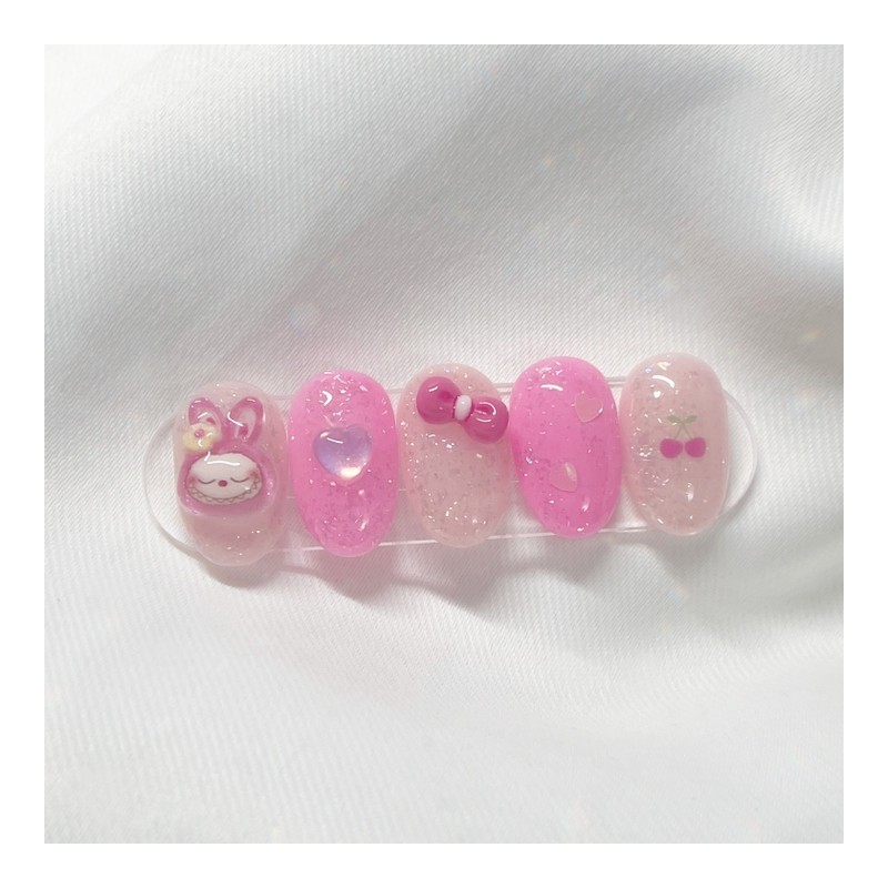 [Handmade Nail Tips] Pink Laburabu Nail Tips - Coffin Egg