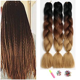 Showjarlly Box Braid Hair Extensions, 24inch Black/Dark Brown/Light Brown Ombre Jumbo Braid Hair, 3Packs Synthetic Jumbo Braiding Hair Extension Afro Hair Extensions for Braiding Crochet Twist Hair