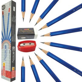 KOKUYO CAMLIN 10 Wooden Pencils Eraser Sharpener - Write Draw Sketch Smooth