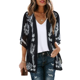Women Summer Cardigan Kimono Beach Cover up Chiffon Loose Tops Jackets(Black Adeline, L)