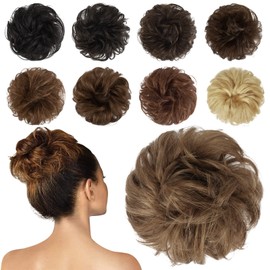 FESHFEN 100% Real Hair Hairpiece Bun Scrunchie Wavy Curly Hair Bun Hair Scrunchie Hair Extensions Updo Real Hair Hairpiece for Women Girls Ash Brown
