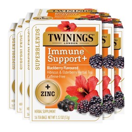 Twinings Superblends Immune Support+ Zinc Blackberry Flavoured Hibiscus, Elderberry Herbal, Naturally Caffeine-Free, 16 Tea Bags (Pack of 6), Enjoy Hot or Iced, 96 Teabags