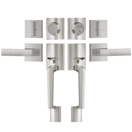 TICONN Double Front Door Handle Set, Heavy Duty Square Door Lever and Single Cylinder Deadbolt Combo for Side by Side Entrance Exterior Doors (Satin Nickel)