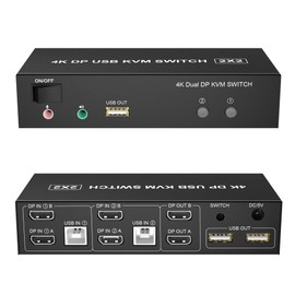 KVM Switch Dual Monitor DisplayPort 4K @ 60Hz Extended Display, Displayport 1.2 KVM Switch 2 in 2 Out with Audio Microphone Output and 3 USB 2.0 Hub 2 Monitors 2 Computer KVM Switch