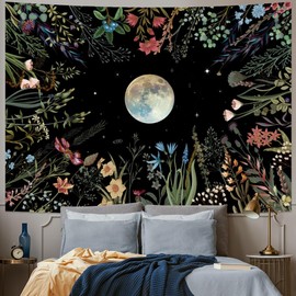 Amhokhui Moonlit Garden Tapestry Boho Moon Tapestry Floral Flower Tapestries Colorful Plants Tapestries Black Wall Hanging Decor for Home