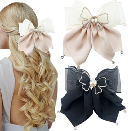 2PCS Large Hair Bow for Women Girls,Translucent Mesh Bow Barrette Shinning Rhinestone Hair Clip French Hair Accessories